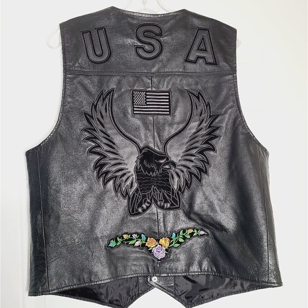 Bikers Club Eagle Leather Vest USA‎ floral embroidery